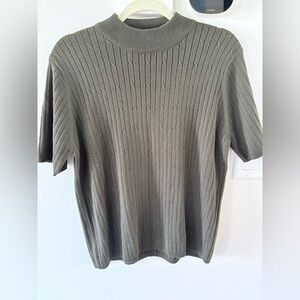 Laura Scott Ribbed Mock Neck Short Sleeve Sweater Top Olive Green Size L
